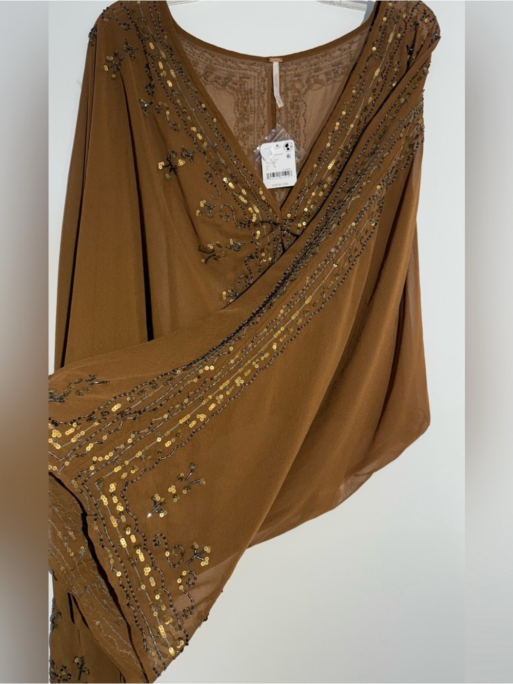NWT Free People Brown Beaded Calla Embellished Cape Western Top - Picture 9 of 13